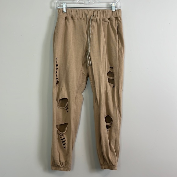 Mustard Seed Pants - Mustard Seed Joggers Women Small Distressed Brown 100% Cotton Elastic Waist